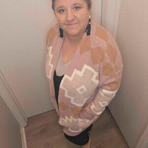 Aztec Pink and Cream Cardigan with pockets, Dreamy Soft, Oversized, NEW